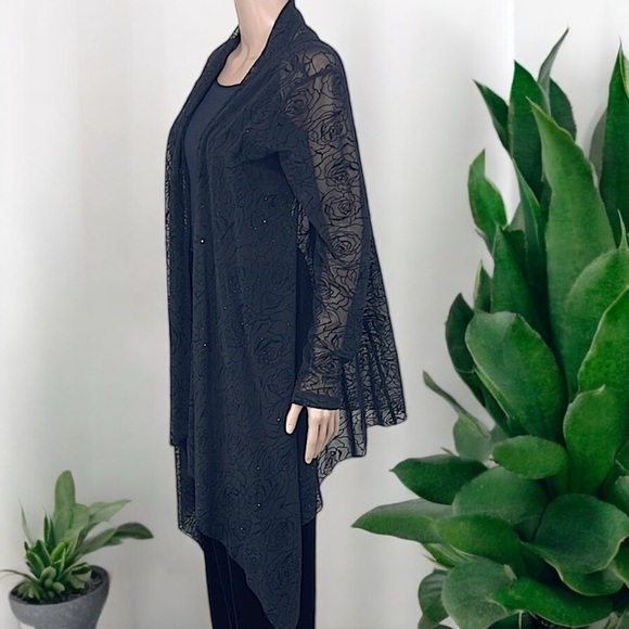 Bianca Nygard Black Sheer Open Front Sparkly Rosette Emboss Mesh Cardigan - Picture 9 of 17